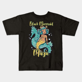 Black Mermaid Magic Riding Seahorse African American Mermaid Kids T-Shirt